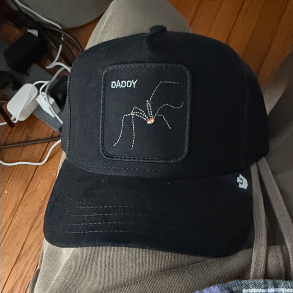 Black microsuede Trucker Hat with daddy long legs Spider Design goorin bros